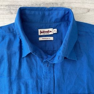 Linen Blend Blue Button Down Short Sleeve